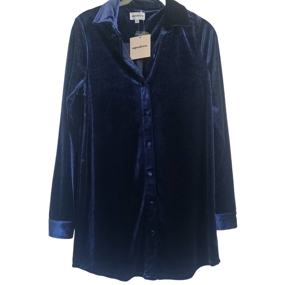 NWT Superdown Velvet Buttondown Shirt‎ Dress in Navy Size XXS - Picture 3 of 6